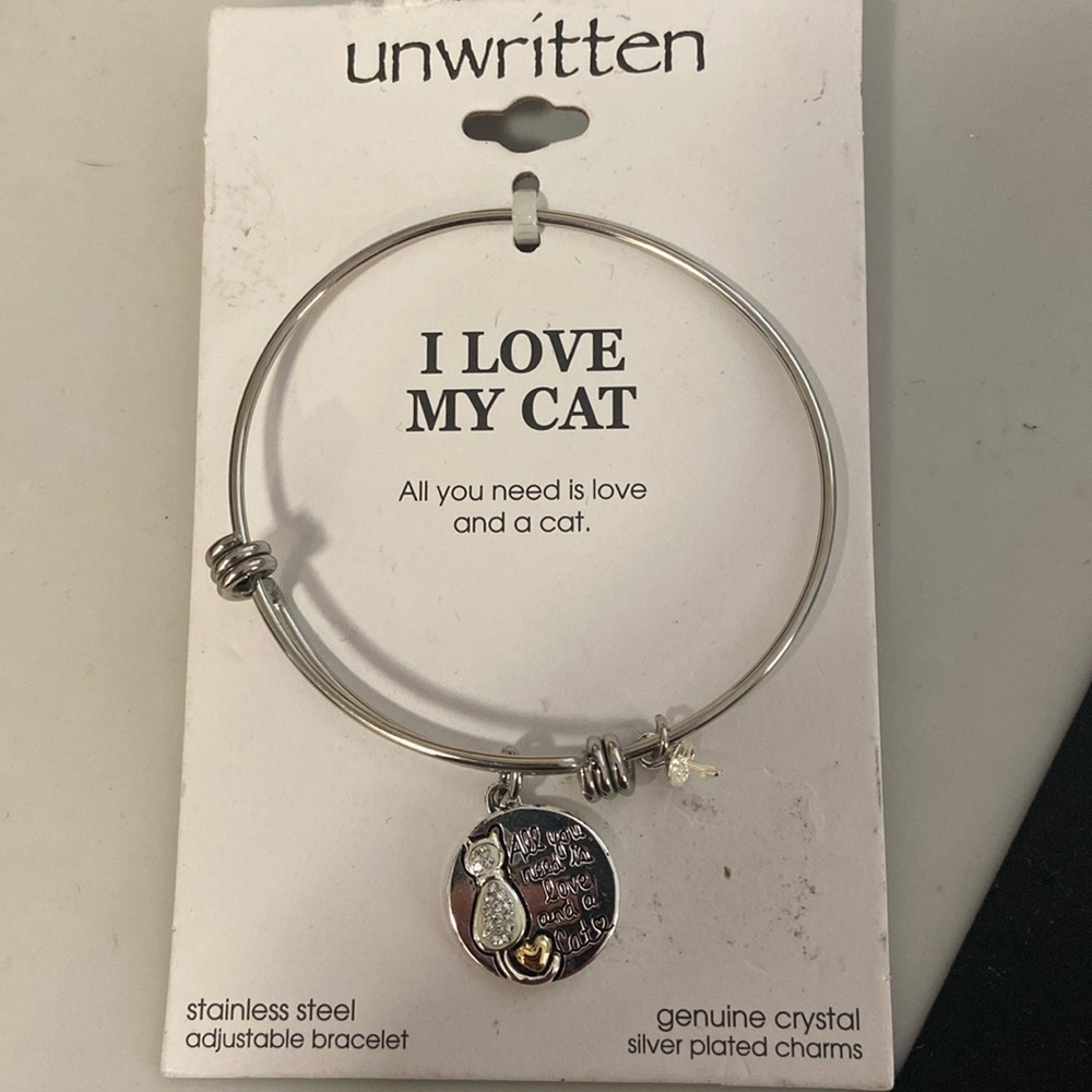 Unwritten "All you need is love & a cat" Crystal & silver bangle bracelets NWT